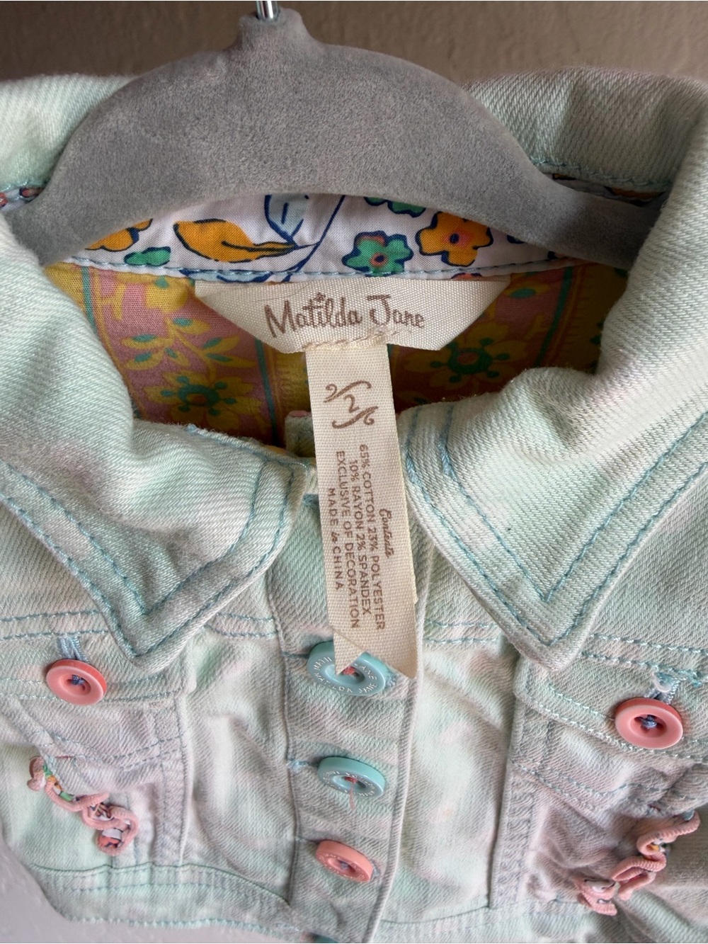 Matilda Jane Pastel Mint Green Girls' Jean Jacket with Floral Trim - Picture 3 of 5